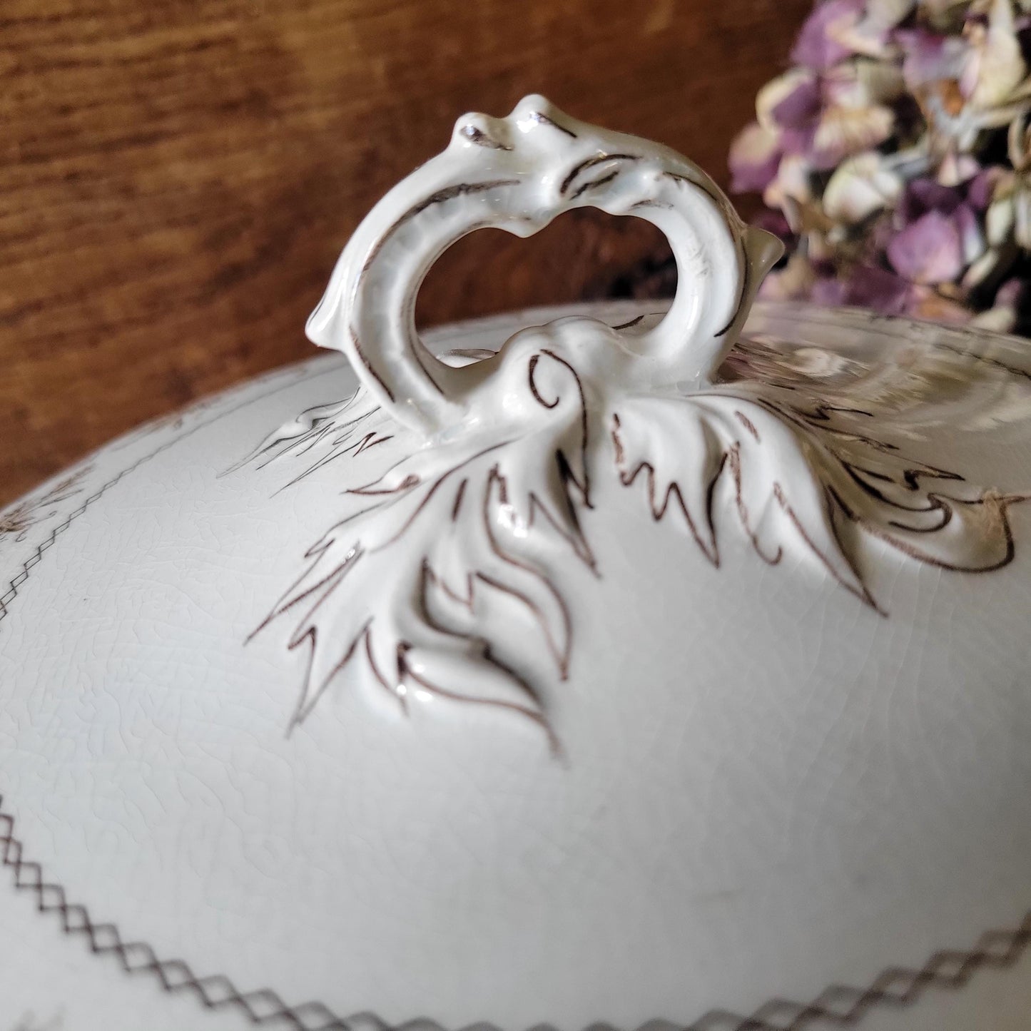 Antique Brown Transferware Soupiere / soup tureen, Onnaing "Roses Mousses",  France c1900.