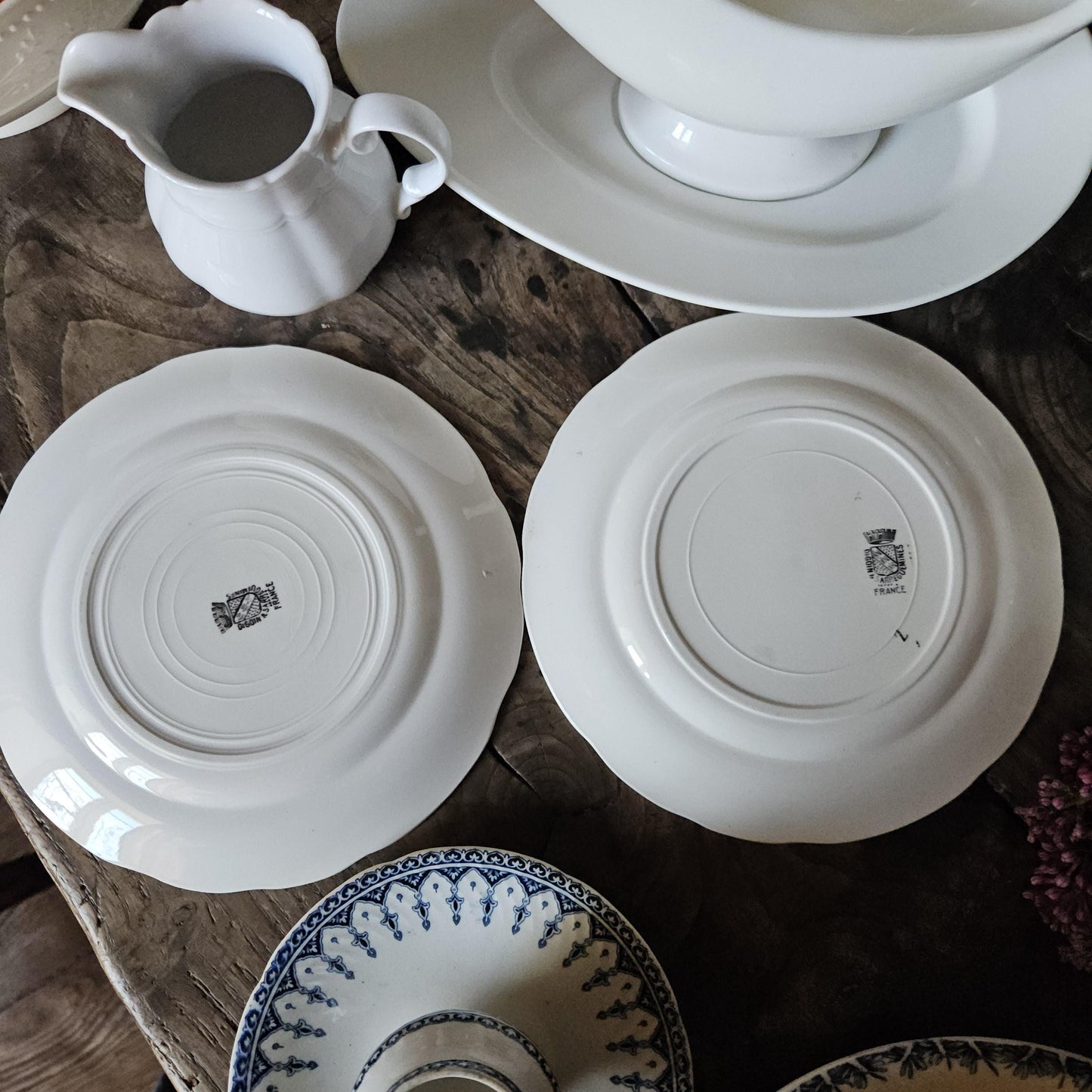 PAIR Antique Sarreguemines Lourdes Plates Blue Black Transferware France c1890 Virgin Mary