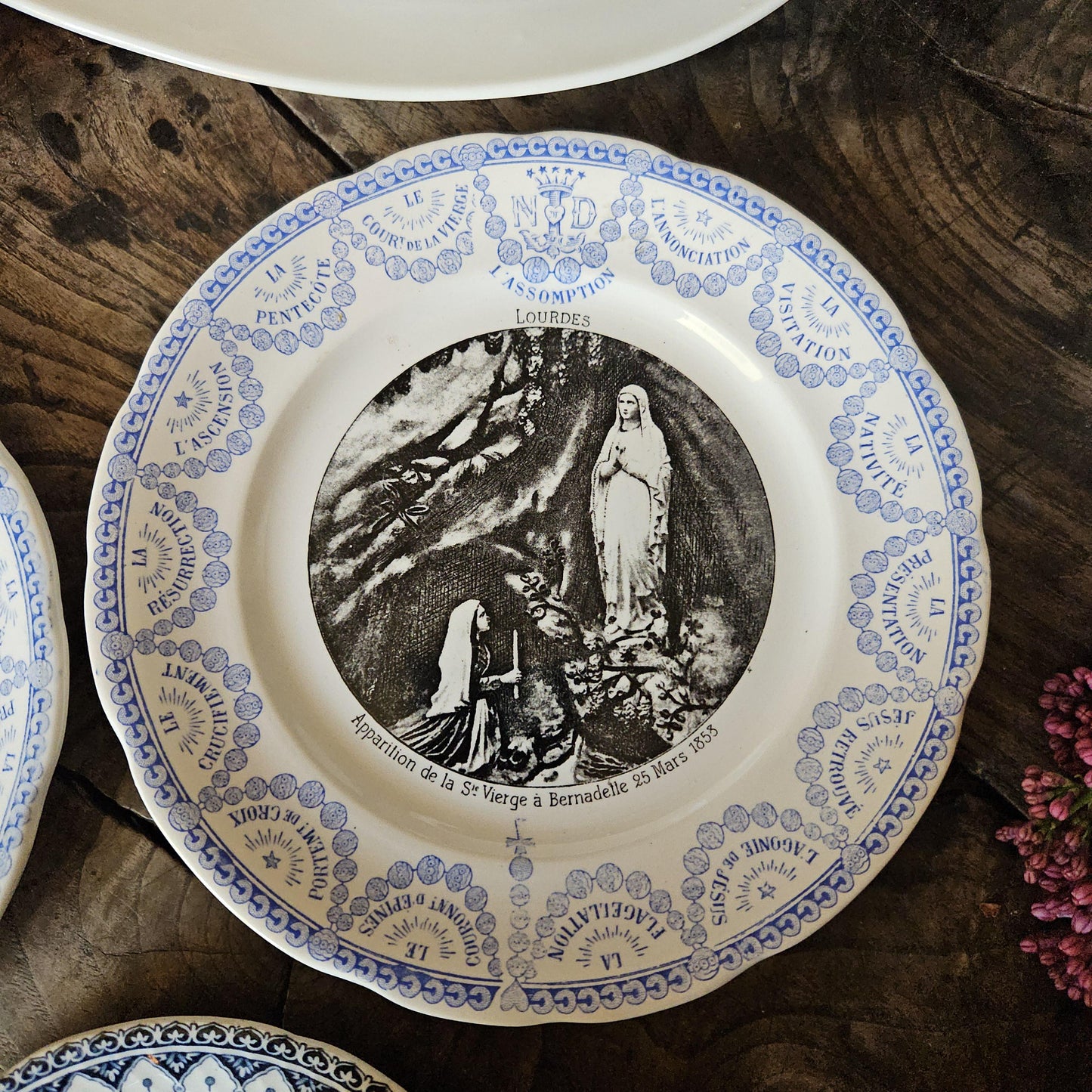 PAIR Antique Sarreguemines Lourdes Plates Blue Black Transferware France c1890 Virgin Mary