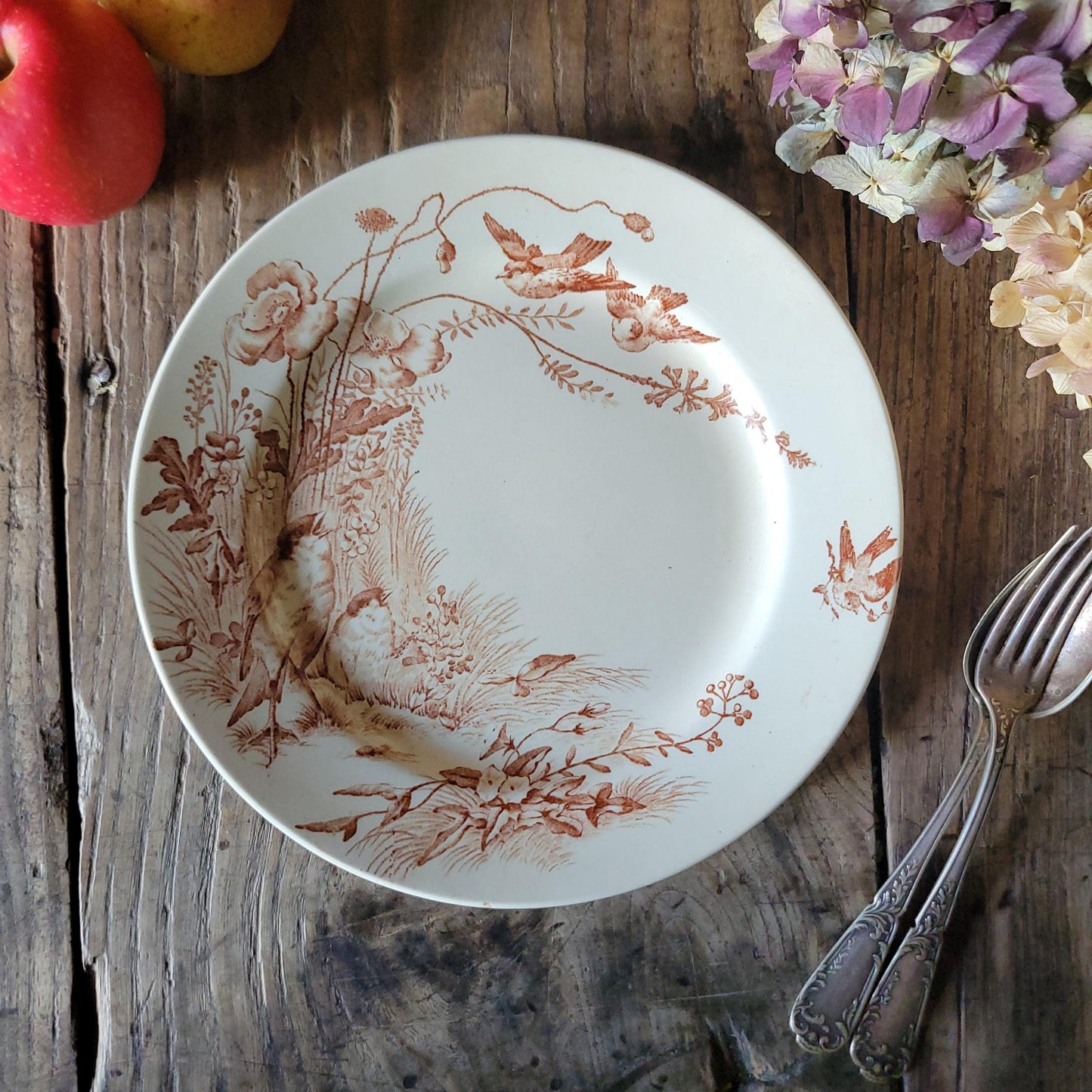 Antique Jules Vieillard Bordeaux Oiseaux plate, brown transferware, c.1880