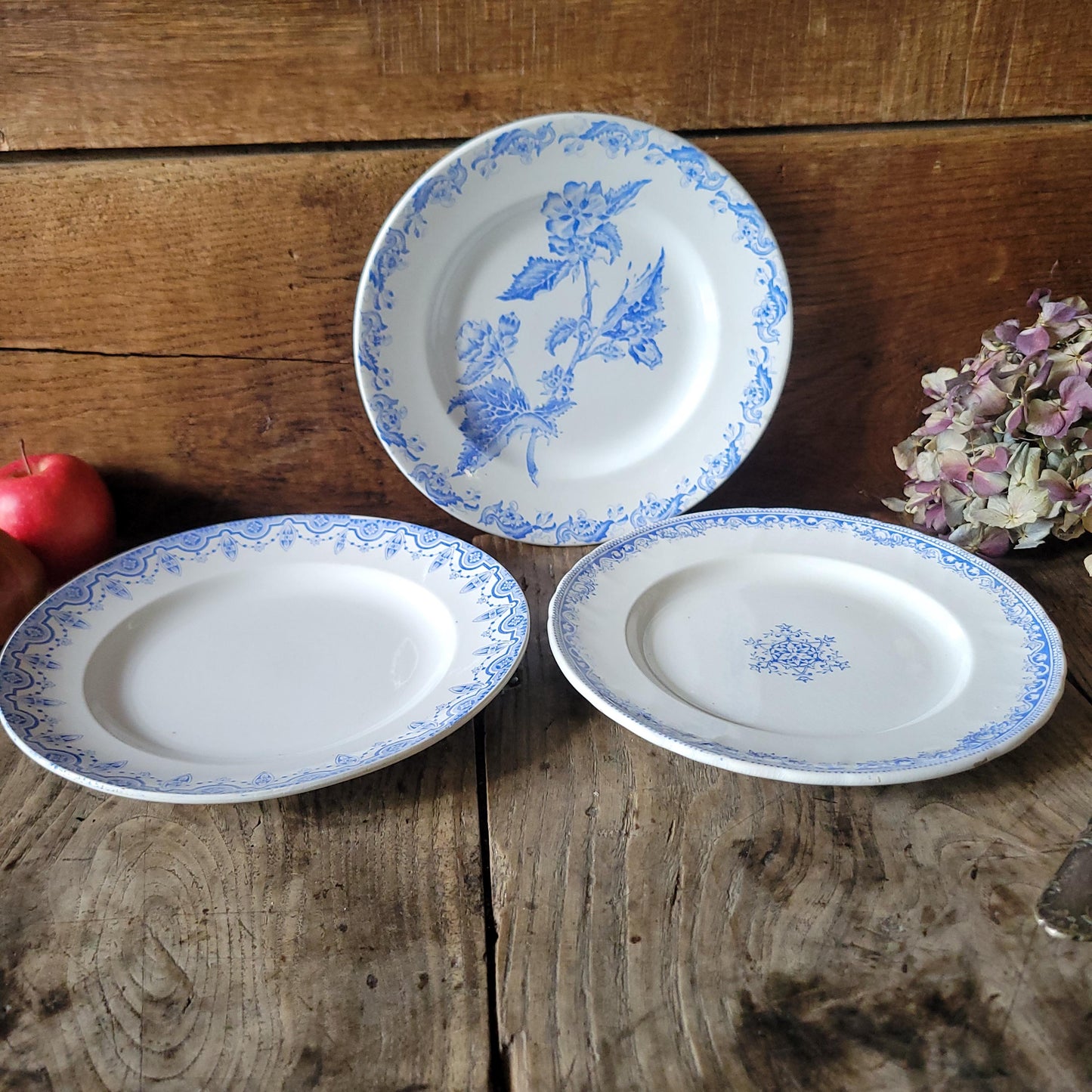Set of 3 Antique mismatched French Blue Transferware Plates Vieillard St Amand BFK c1890