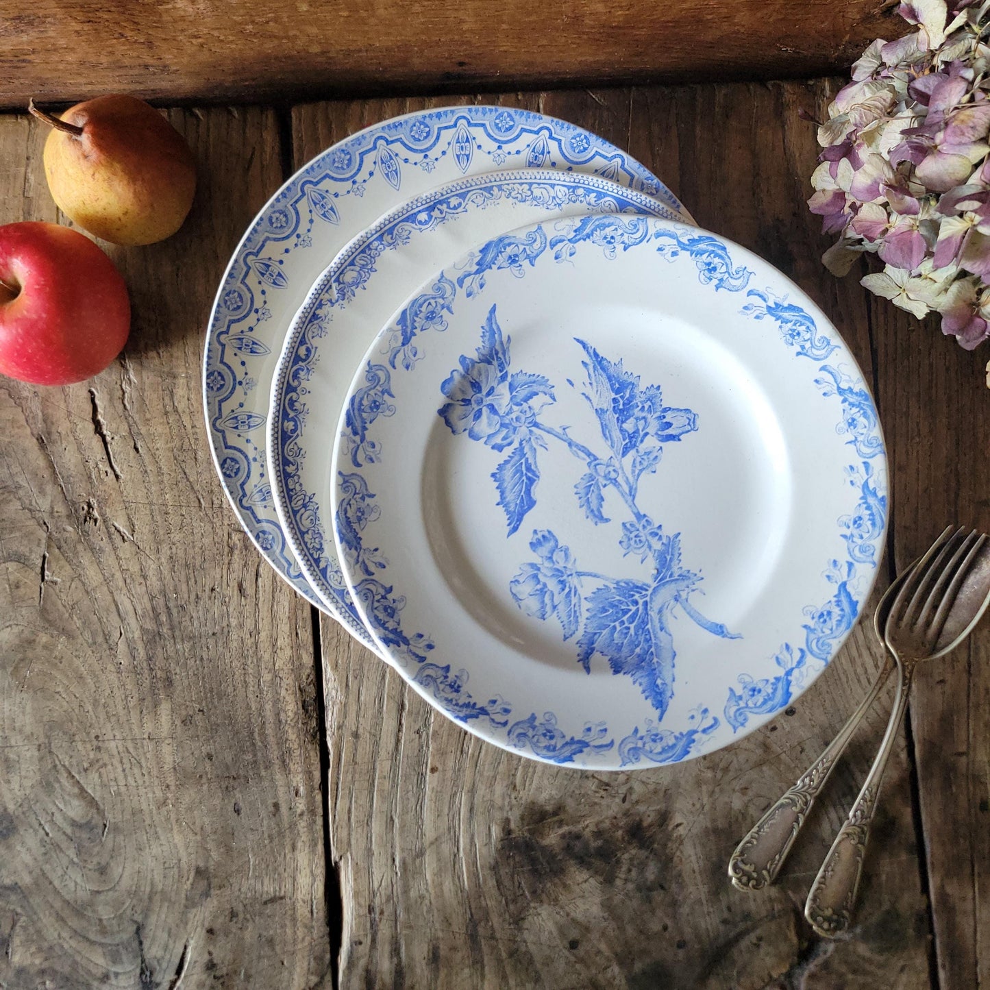 Set of 3 Antique mismatched French Blue Transferware Plates Vieillard St Amand BFK c1890