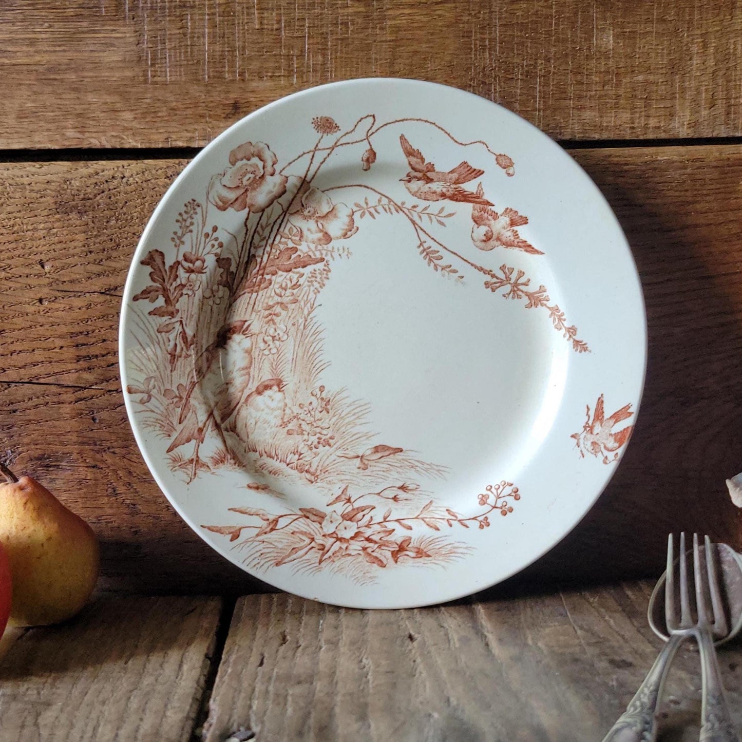 Antique Jules Vieillard Bordeaux Oiseaux plate, brown transferware, c.1880