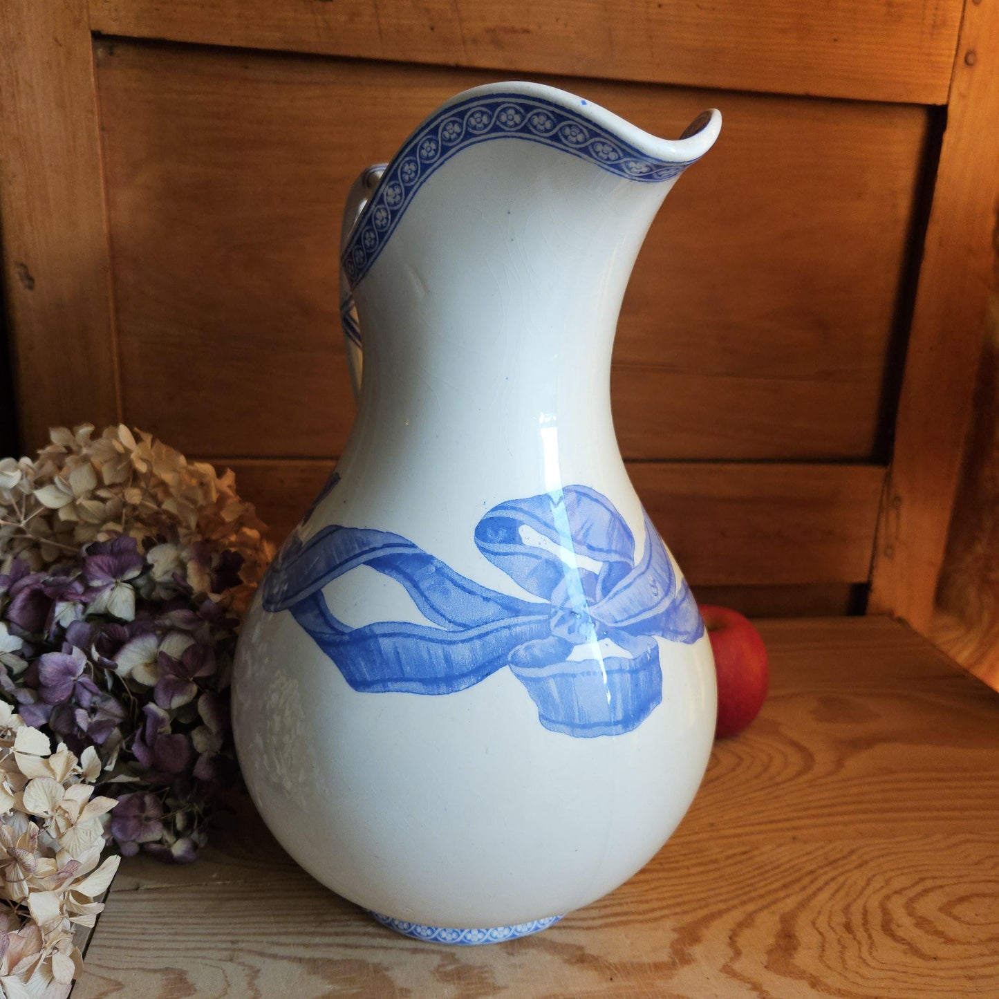 Antique large cornflower blue transferware pitcher, Ribbons pattern, Drulot Paris