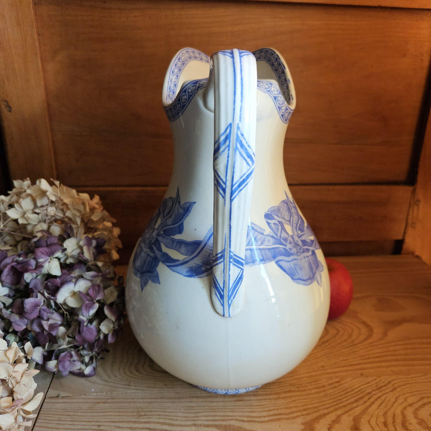 Antique large cornflower blue transferware pitcher, Ribbons pattern, Drulot Paris