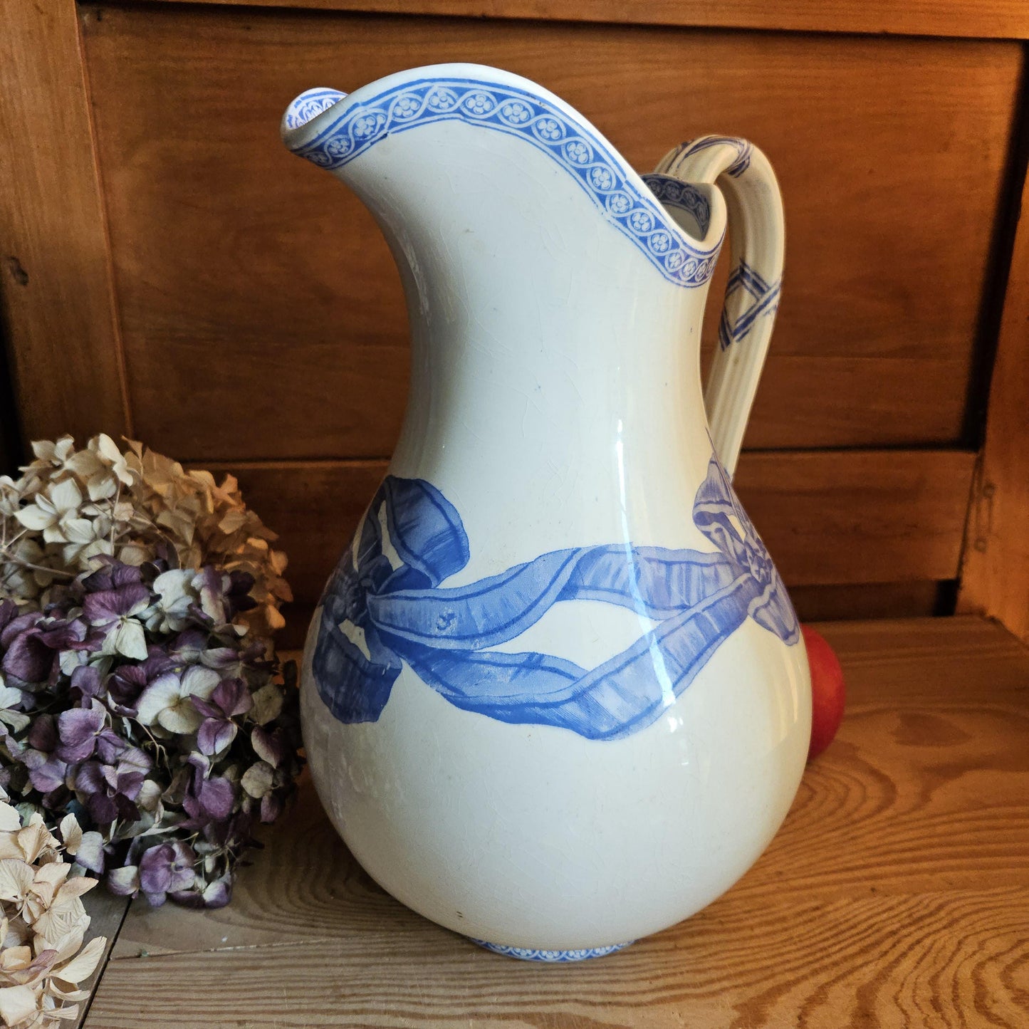 Antique large cornflower blue transferware pitcher, Ribbons pattern, Drulot Paris