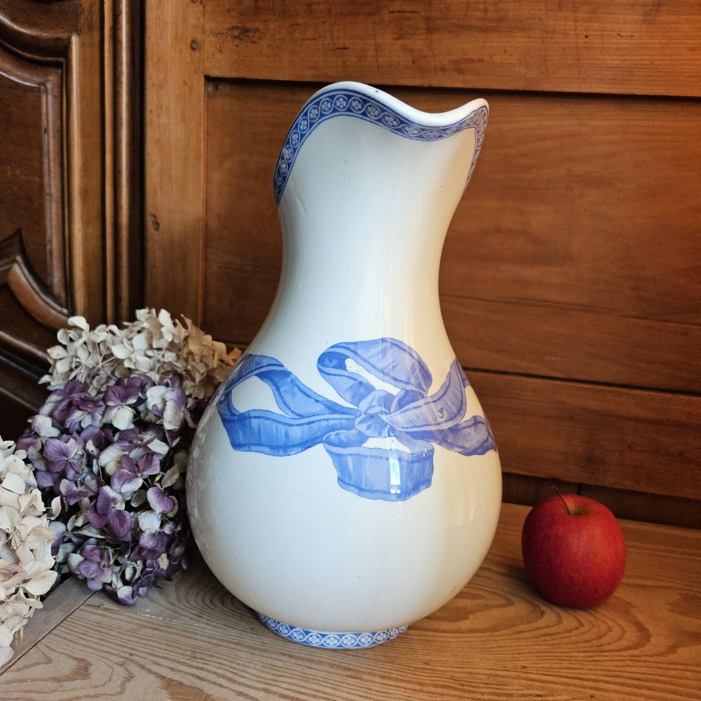 Antique large cornflower blue transferware pitcher, Ribbons pattern, Drulot Paris