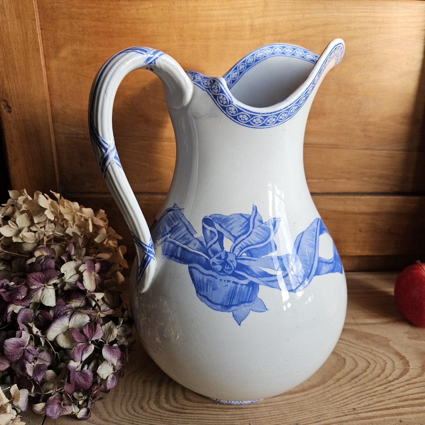 Antique large cornflower blue transferware pitcher, Ribbons pattern, Drulot Paris