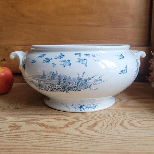 Antique Gien Paysage Soupiere Blue Transferware France c1880 No Lid
