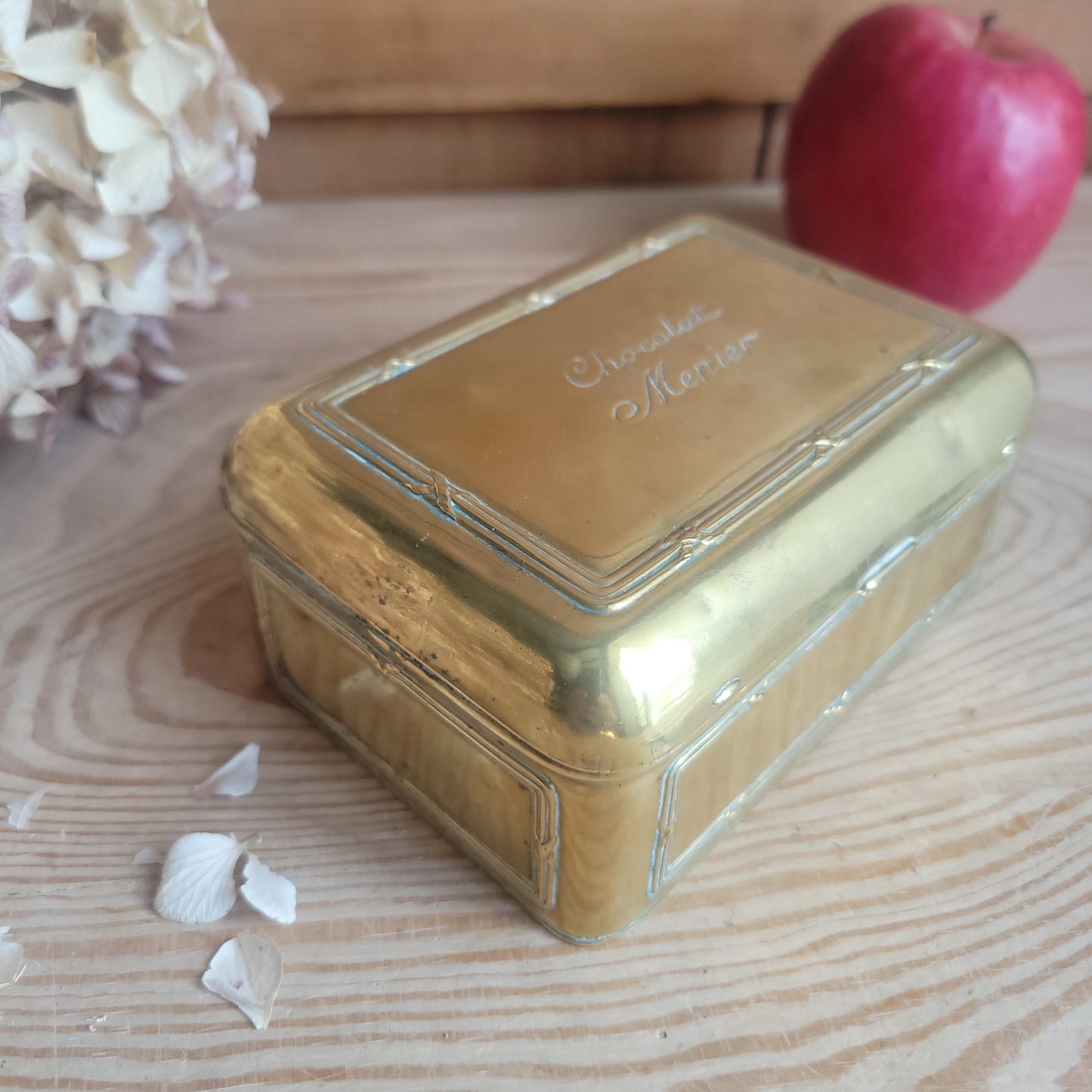 Antique Brass Chocolat Menier Box with Hinged Lid, France c.1900