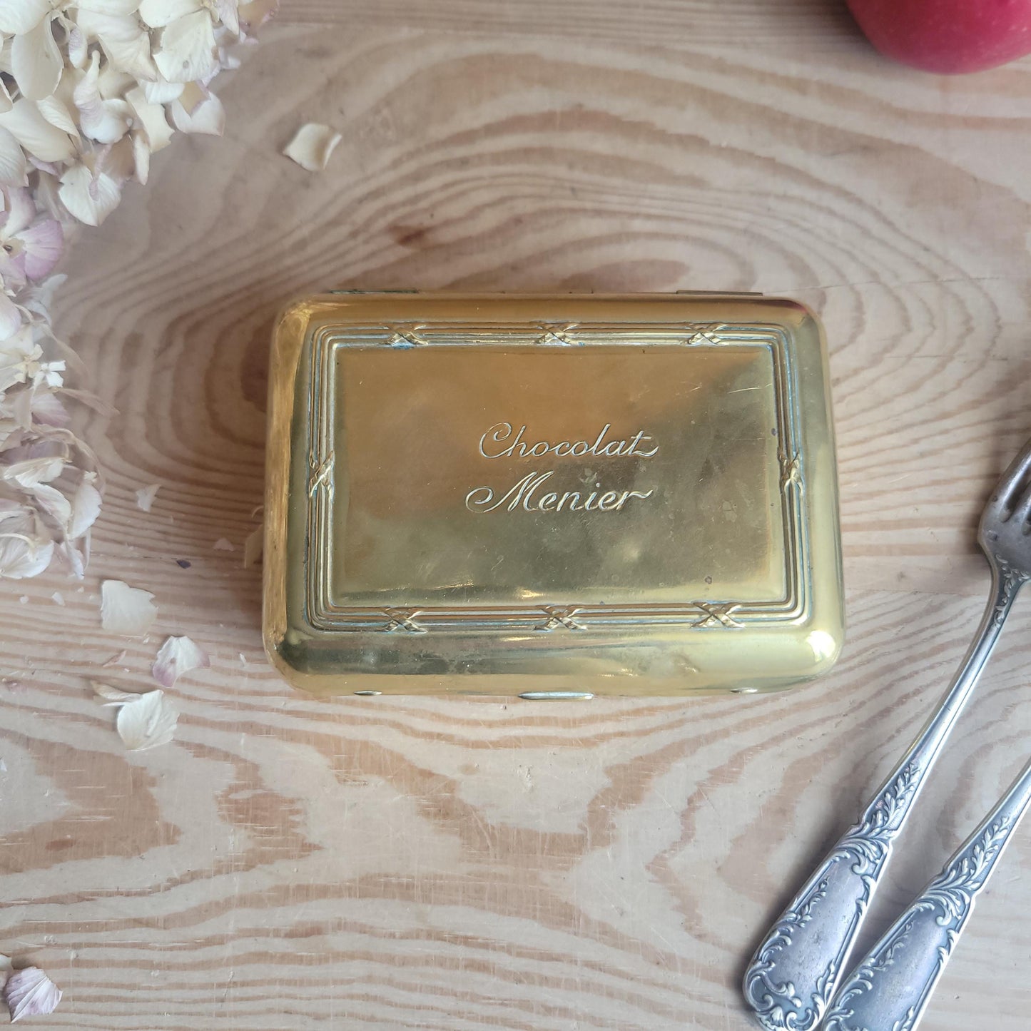 Antique Brass Chocolat Menier Box with Hinged Lid, France c.1900