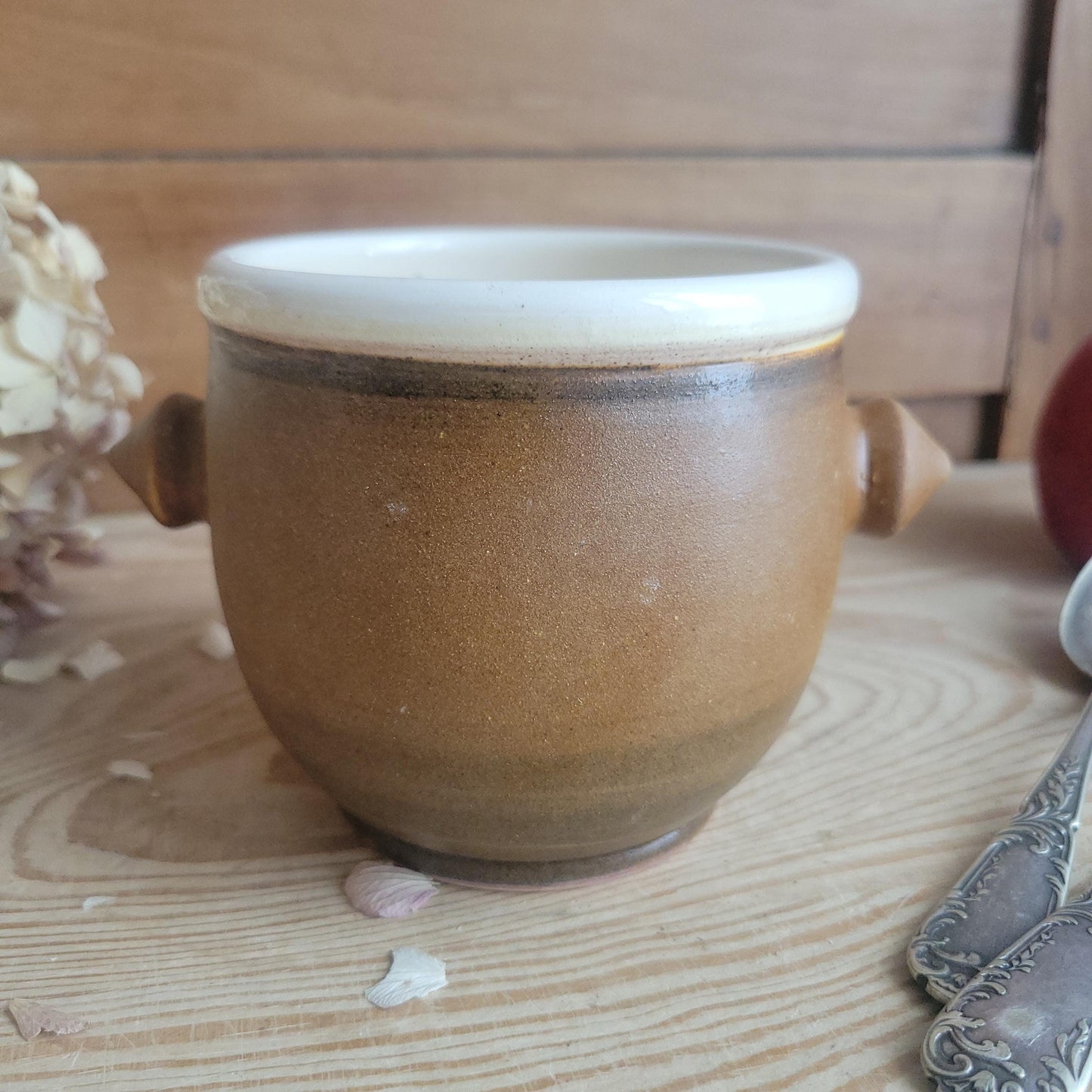 Small Stoneware Lidded Pot with Brown Glaze and White Interior, France c.1920
