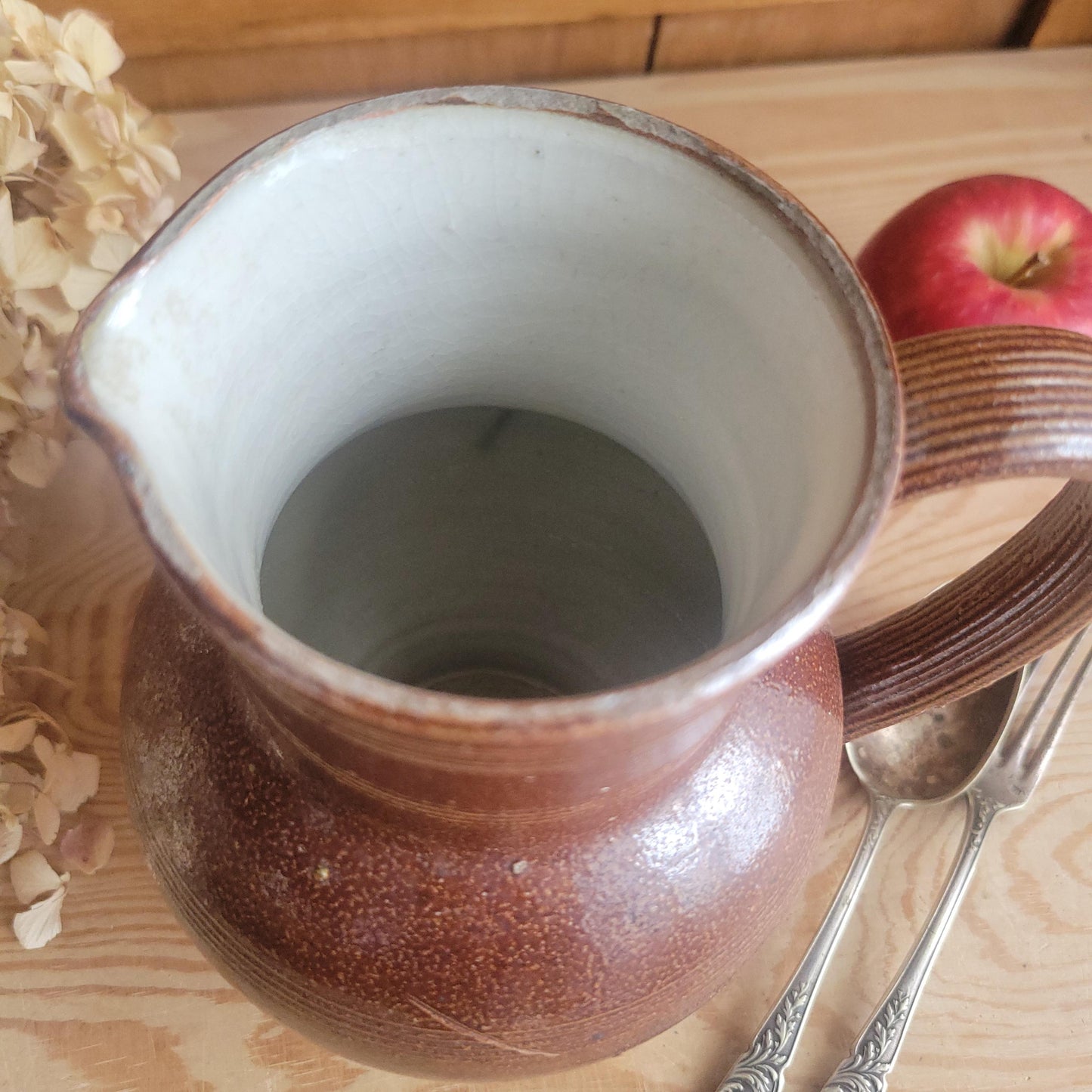 Berry French Stoneware Jug with Dark Brown Glaze and White Interior, France c.1900