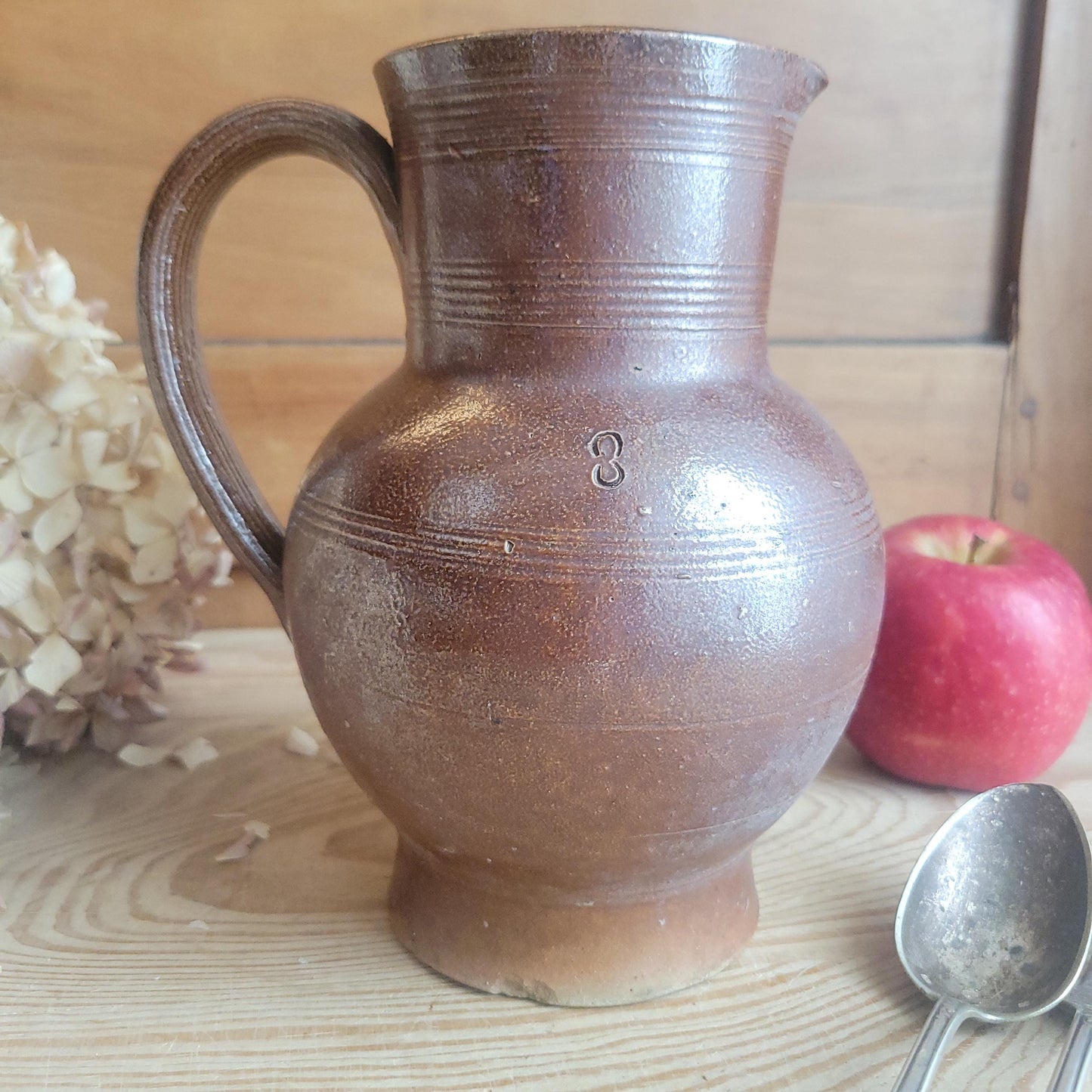 Berry French Stoneware Jug with Dark Brown Glaze and White Interior, France c.1900