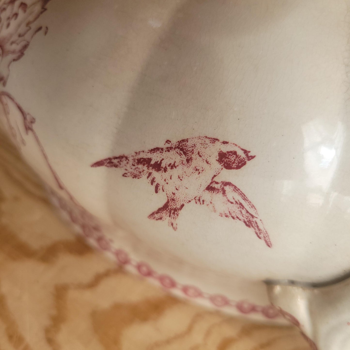 Antique Soupière in Russet Red ‘Régence’ Pattern with Birds, France c.1880