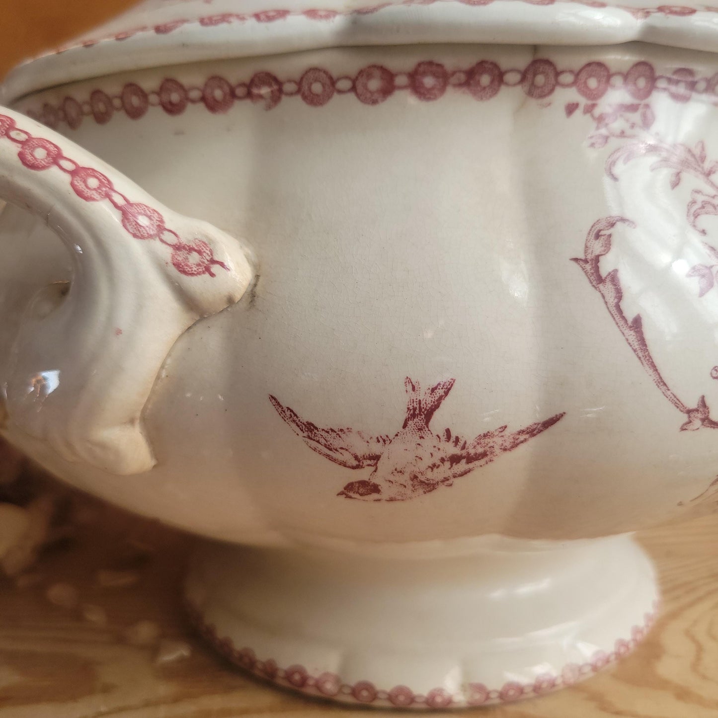 Antique Soupière in Russet Red ‘Régence’ Pattern with Birds, France c.1880
