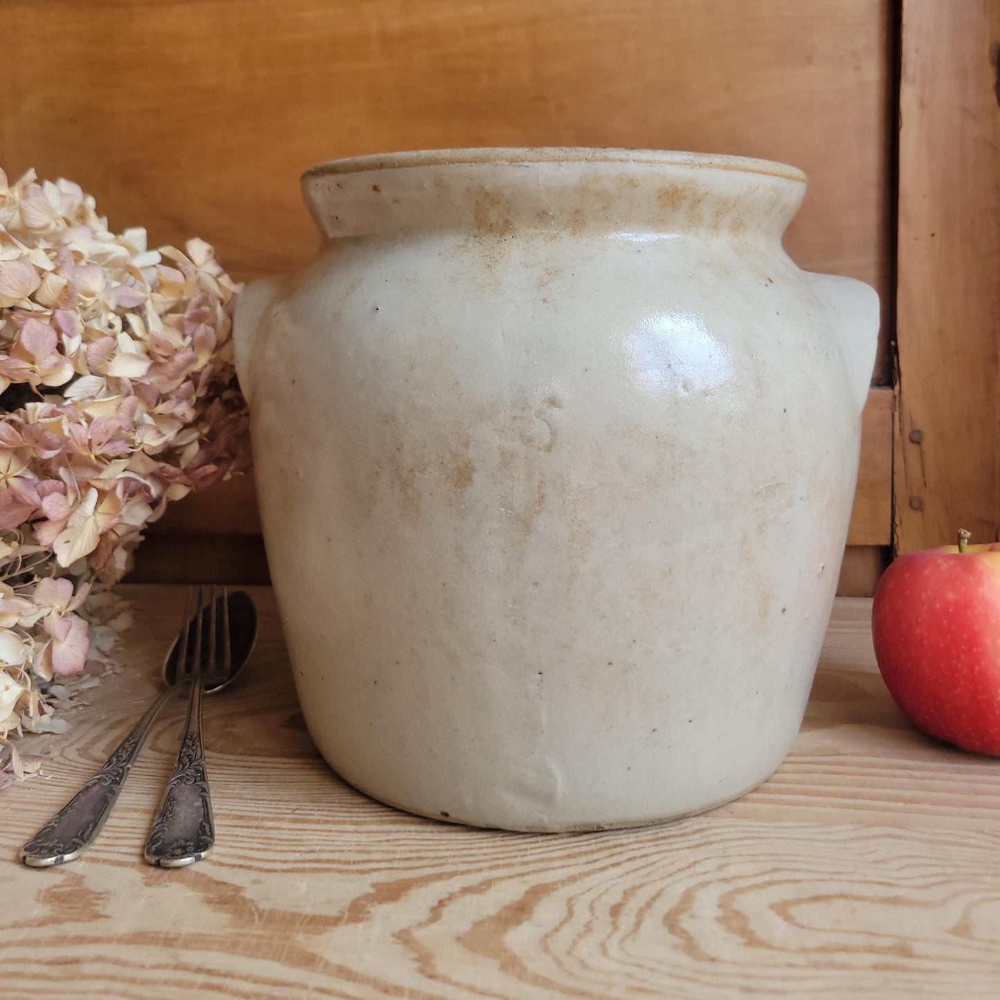 Large Antique French Confit Pot - Glazed attached-handled vintage stoneware, greige, early 1900s