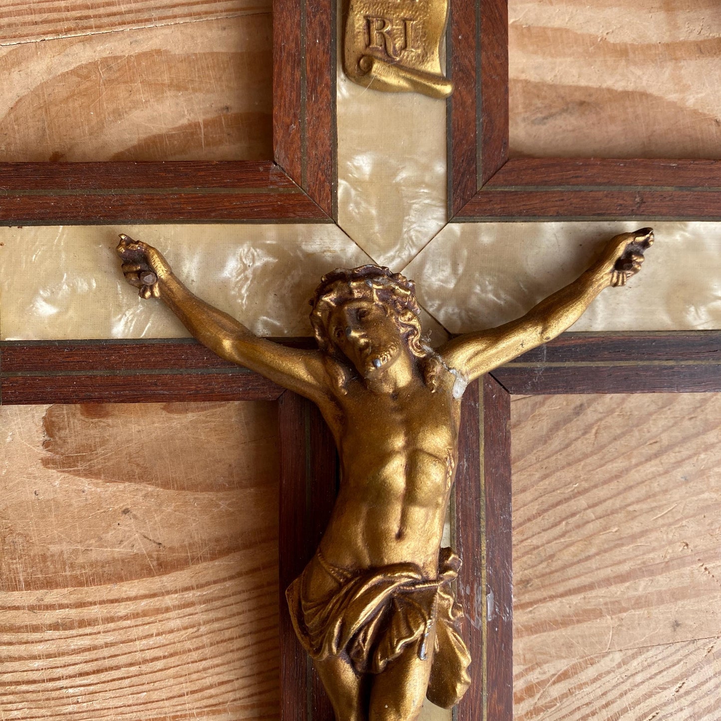 Vintage Crucifix in Wood, Stone and Metal, France c.1940