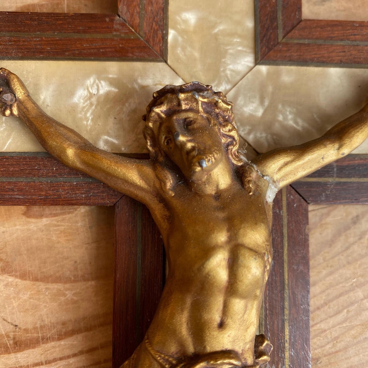 Vintage Crucifix in Wood, Stone and Metal, France c.1940
