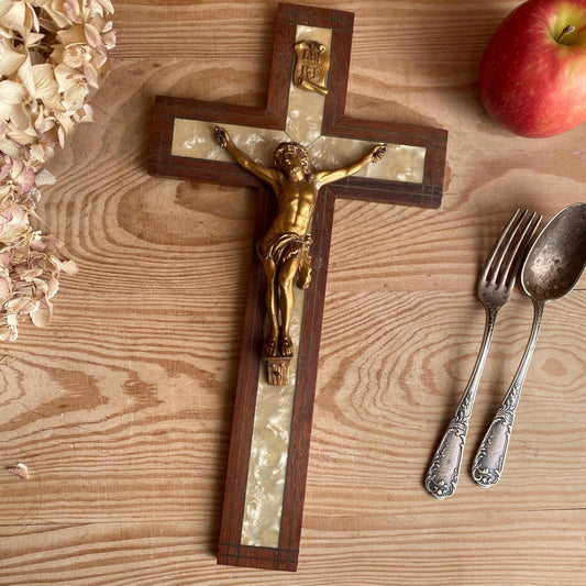 Vintage Crucifix in Wood, Stone and Metal, France c.1940