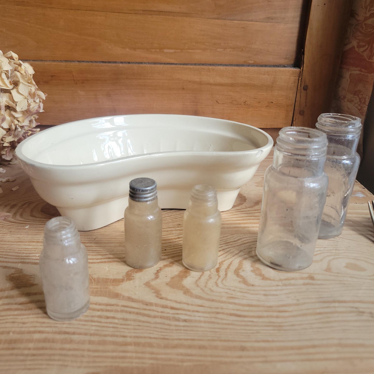 Set of 5 Antique Glass Bottles and fish terrine mould, France 1900-1920