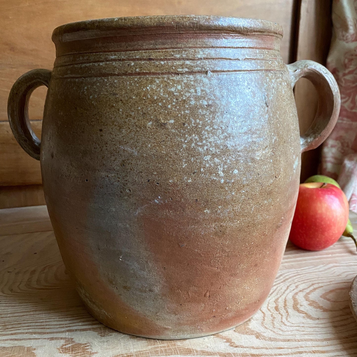 Antique French Confit Pot with lid - mottled glaze two handled stoneware, pale brown and ecru, early to mid 1900s