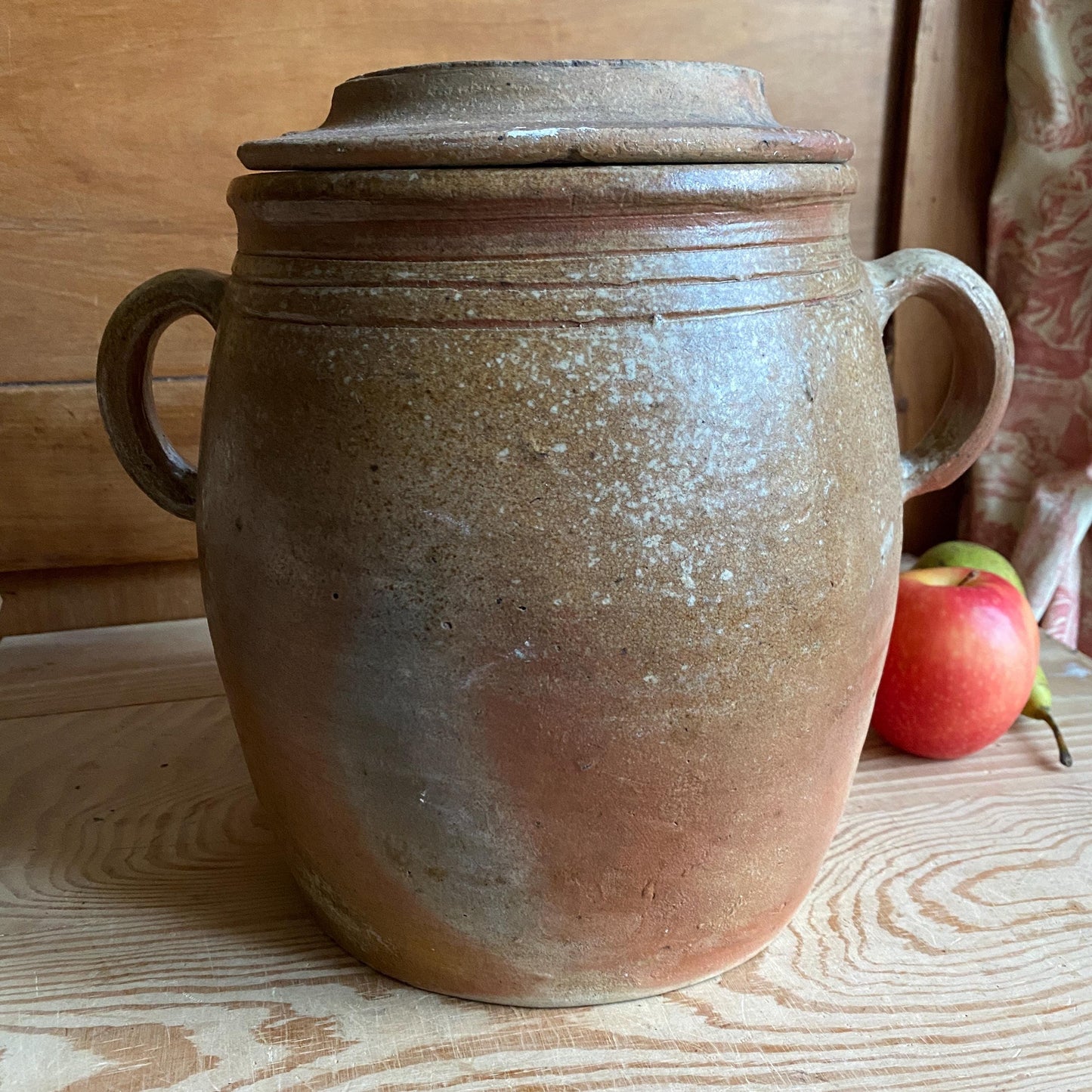 Antique French Confit Pot with lid - mottled glaze two handled stoneware, pale brown and ecru, early to mid 1900s