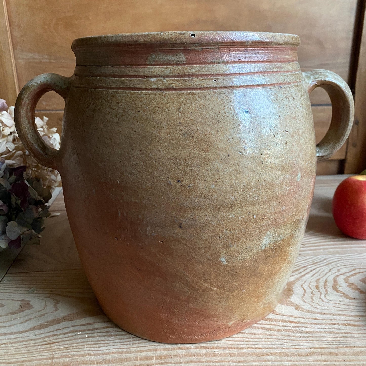 Antique French Confit Pot with lid - mottled glaze two handled stoneware, pale brown and ecru, early to mid 1900s