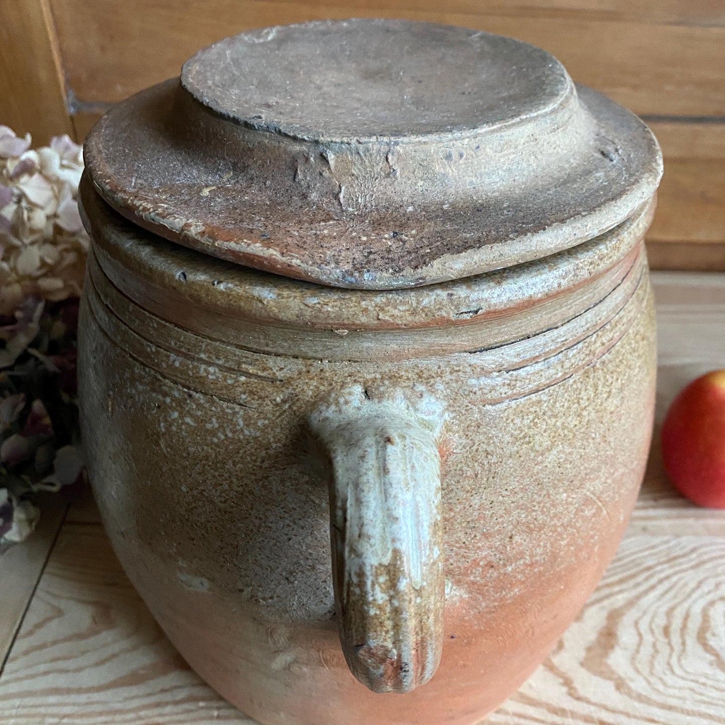 Antique French Confit Pot with lid - mottled glaze two handled stoneware, pale brown and ecru, early to mid 1900s