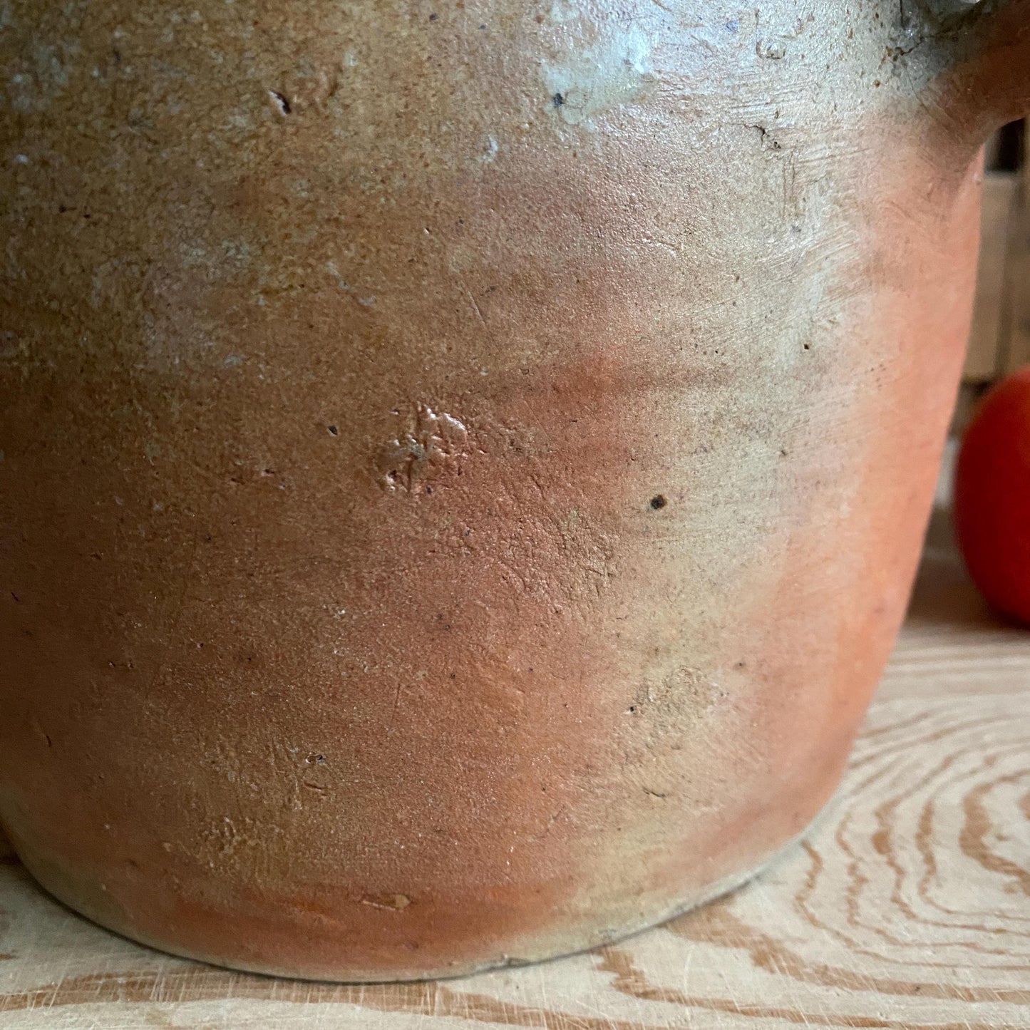 Antique French Confit Pot with lid - mottled glaze two handled stoneware, pale brown and ecru, early to mid 1900s