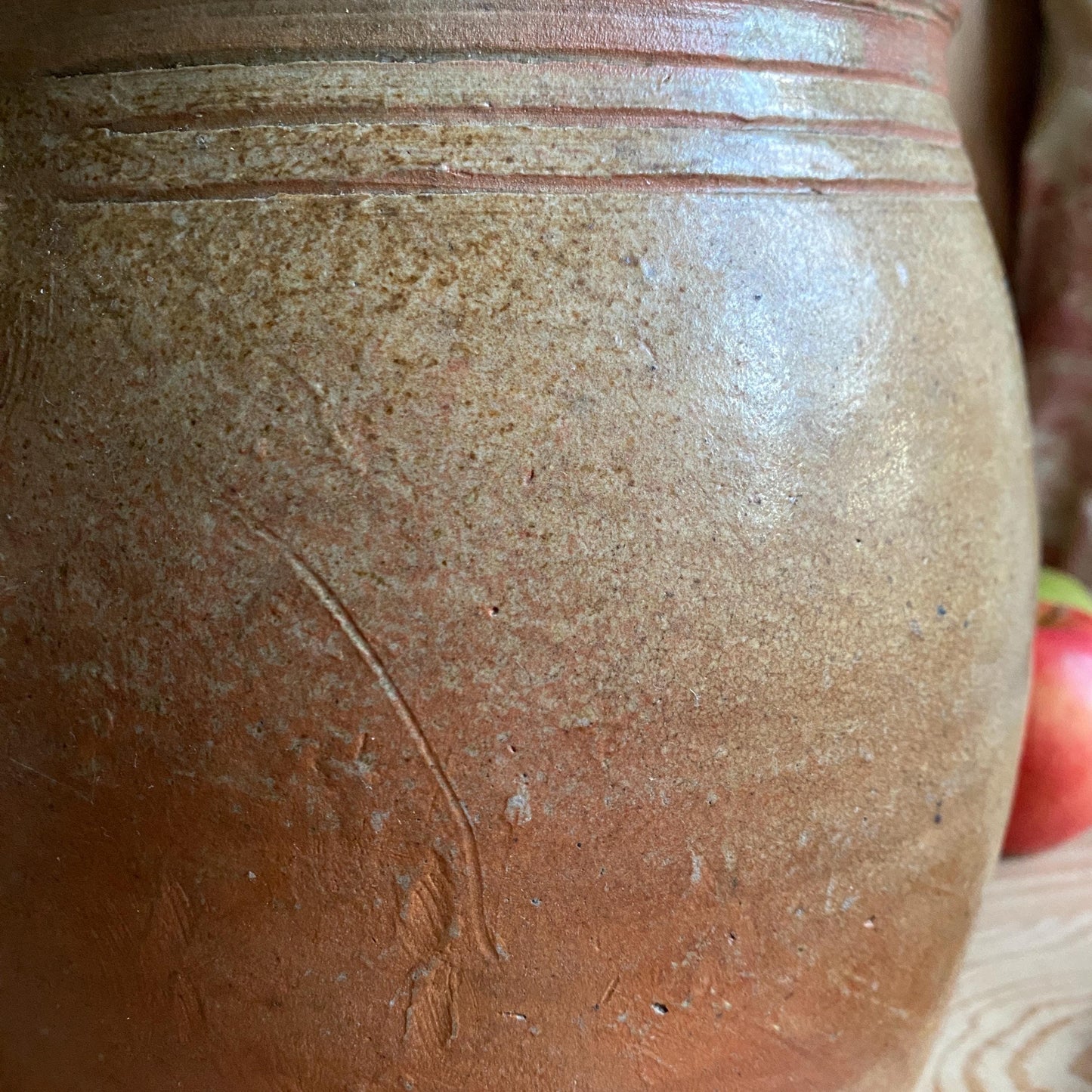 Antique French Confit Pot with lid - mottled glaze two handled stoneware, pale brown and ecru, early to mid 1900s