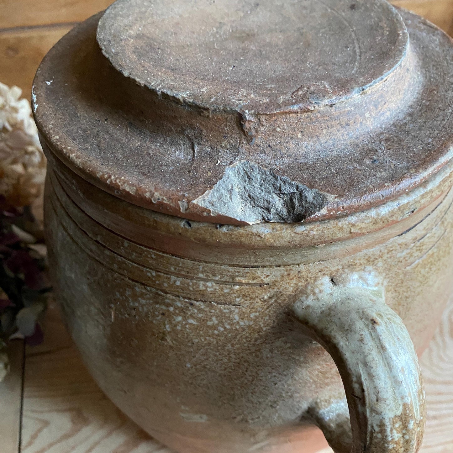 Antique French Confit Pot with lid - mottled glaze two handled stoneware, pale brown and ecru, early to mid 1900s