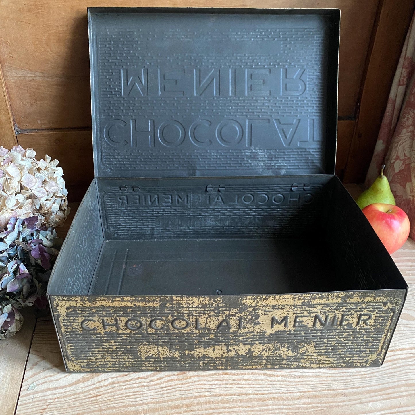 French vintage Chocolat Menier box, rectangular gold coloured tin with vintage lettering France c1950