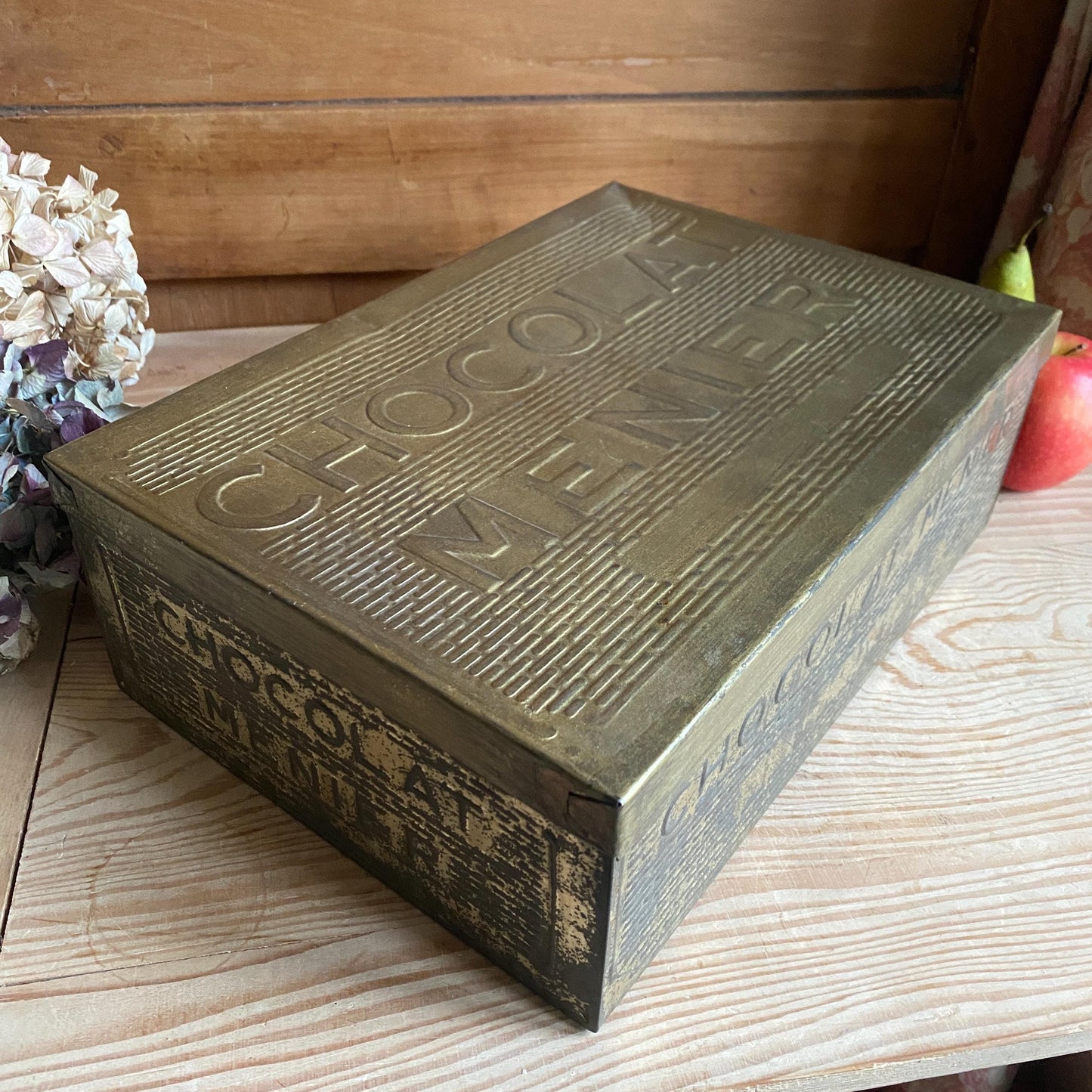 French vintage Chocolat Menier box, rectangular gold coloured tin with vintage lettering France c1950