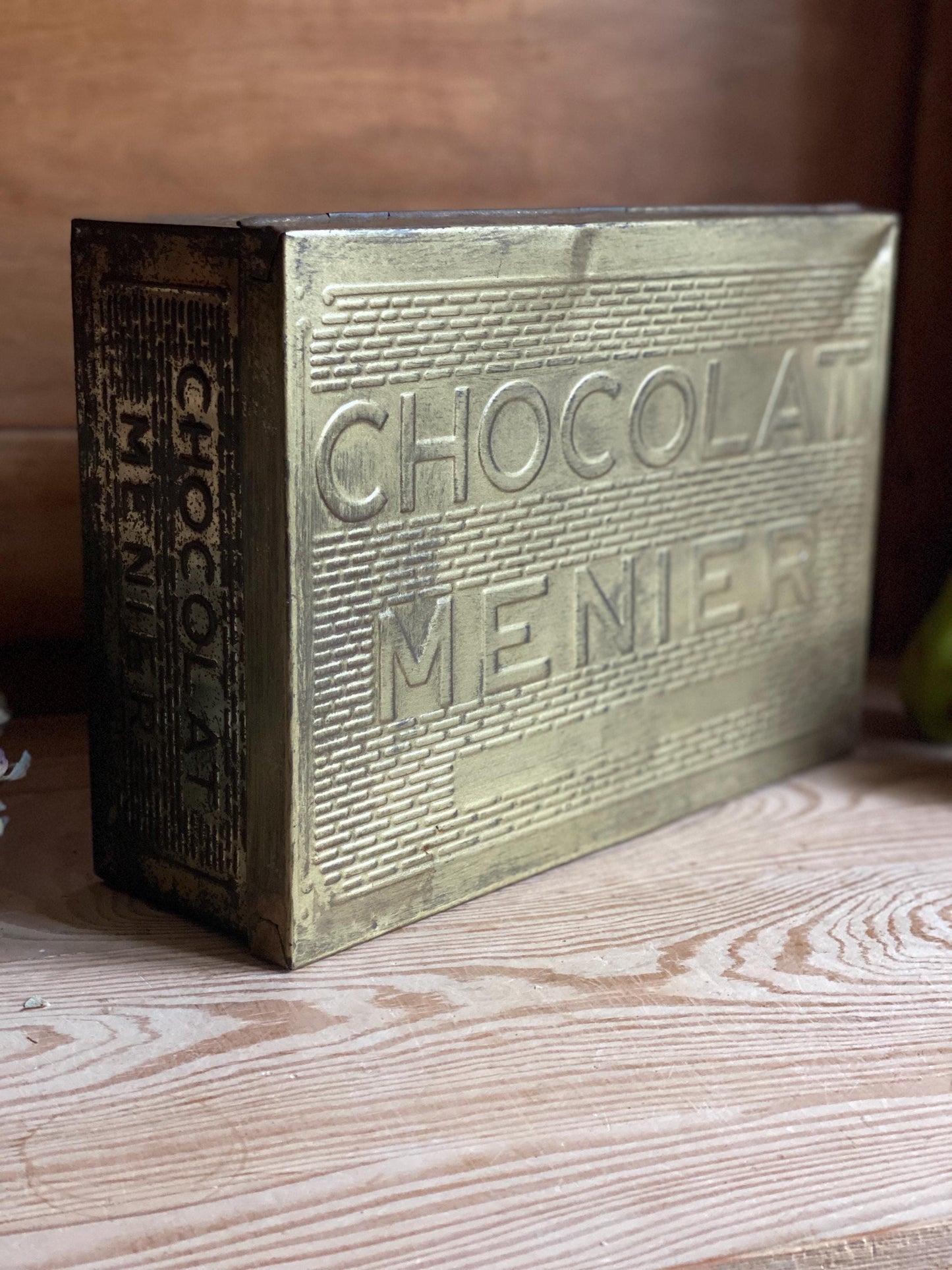 French vintage Chocolat Menier box, rectangular gold coloured tin with vintage lettering France c1950