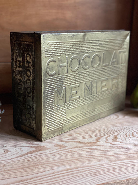 French vintage Chocolat Menier box, rectangular gold coloured tin with vintage lettering France c1950