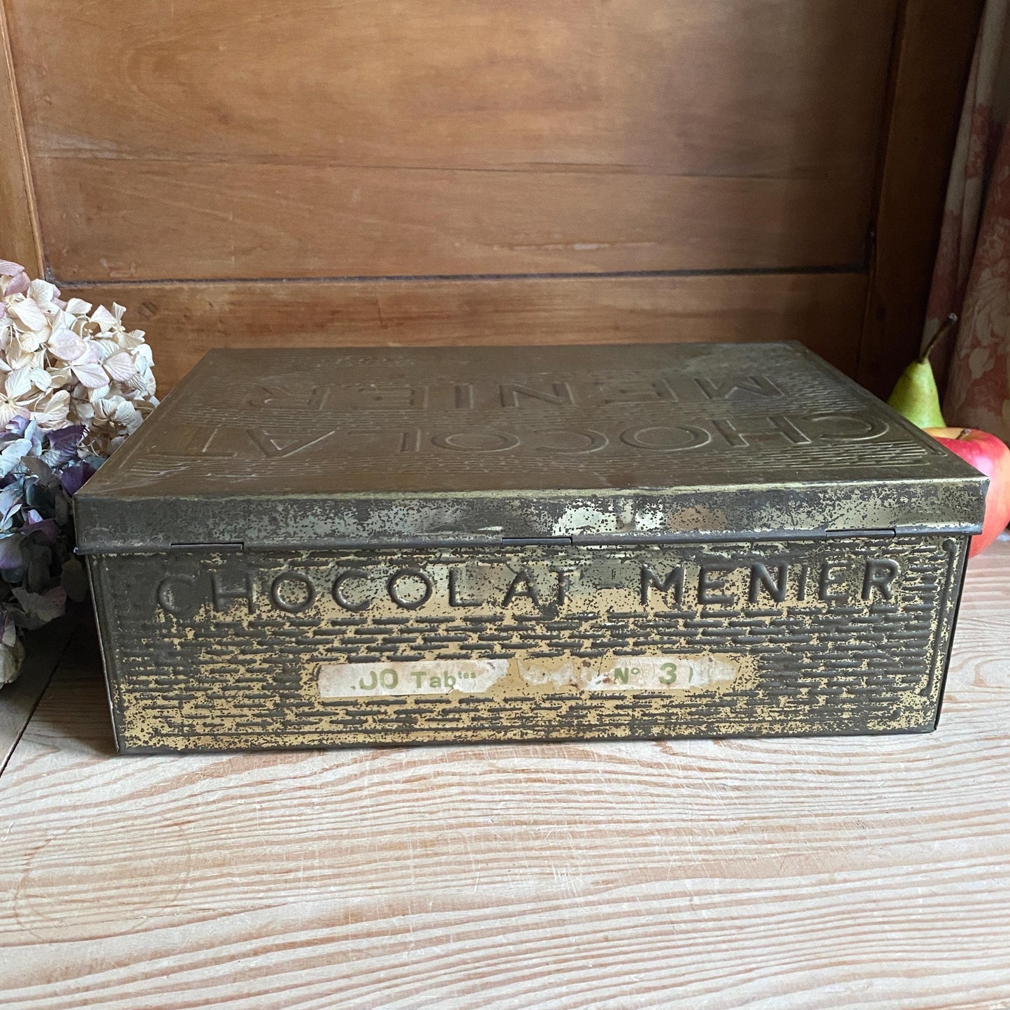 French vintage Chocolat Menier box, rectangular gold coloured tin with vintage lettering France c1950
