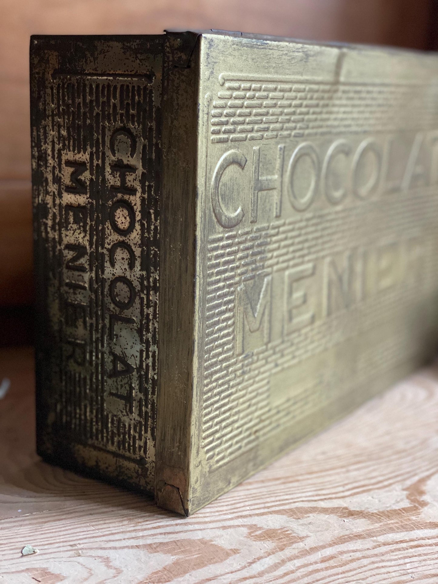 French vintage Chocolat Menier box, rectangular gold coloured tin with vintage lettering France c1950