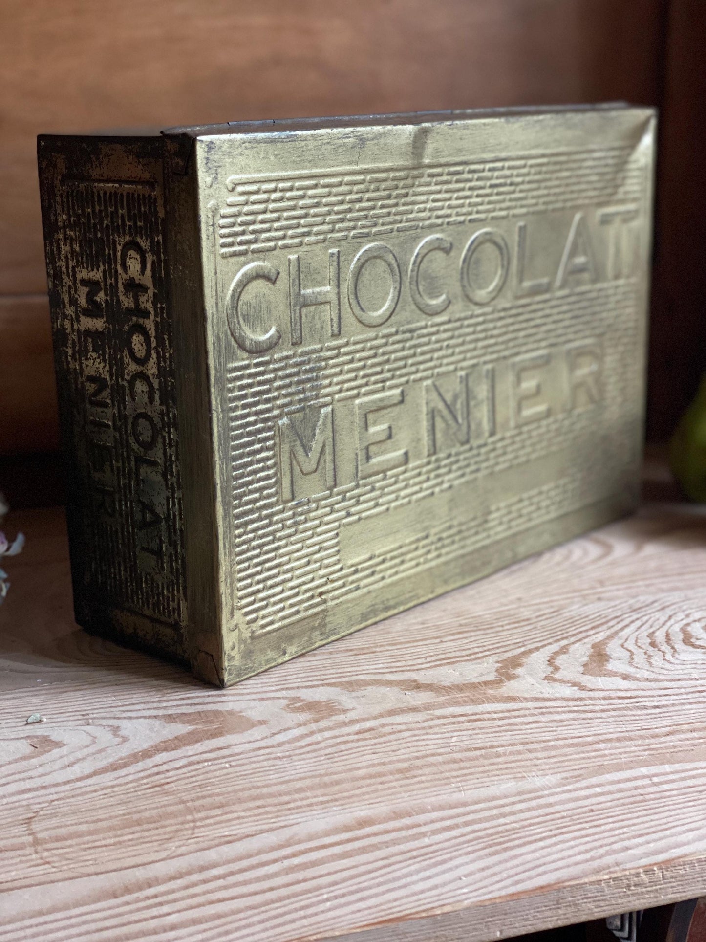 French vintage Chocolat Menier box, rectangular gold coloured tin with vintage lettering France c1950