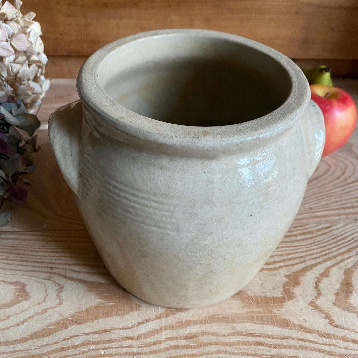 Small Antique French Confit Pot - Glazed attached-handled vintage stoneware, greige, early 1900s