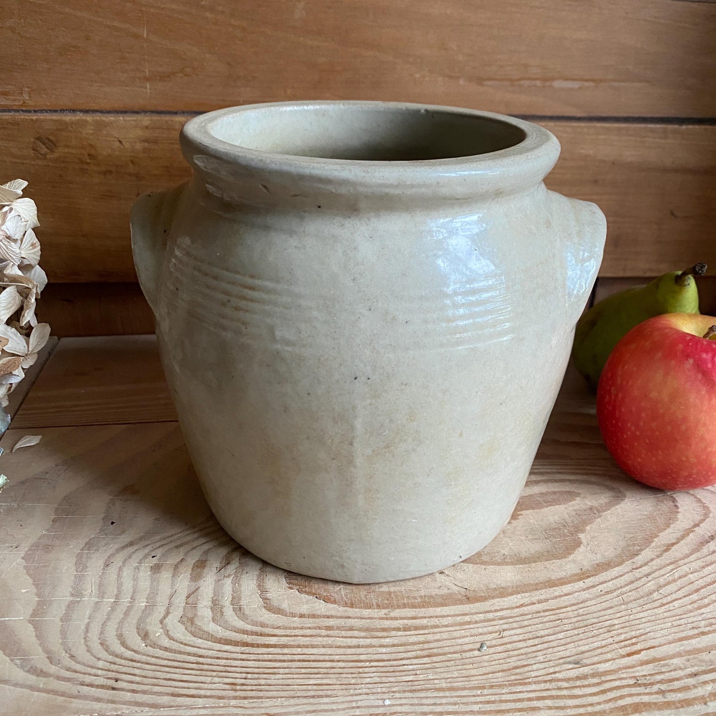 Small Antique French Confit Pot - Glazed attached-handled vintage stoneware, greige, early 1900s
