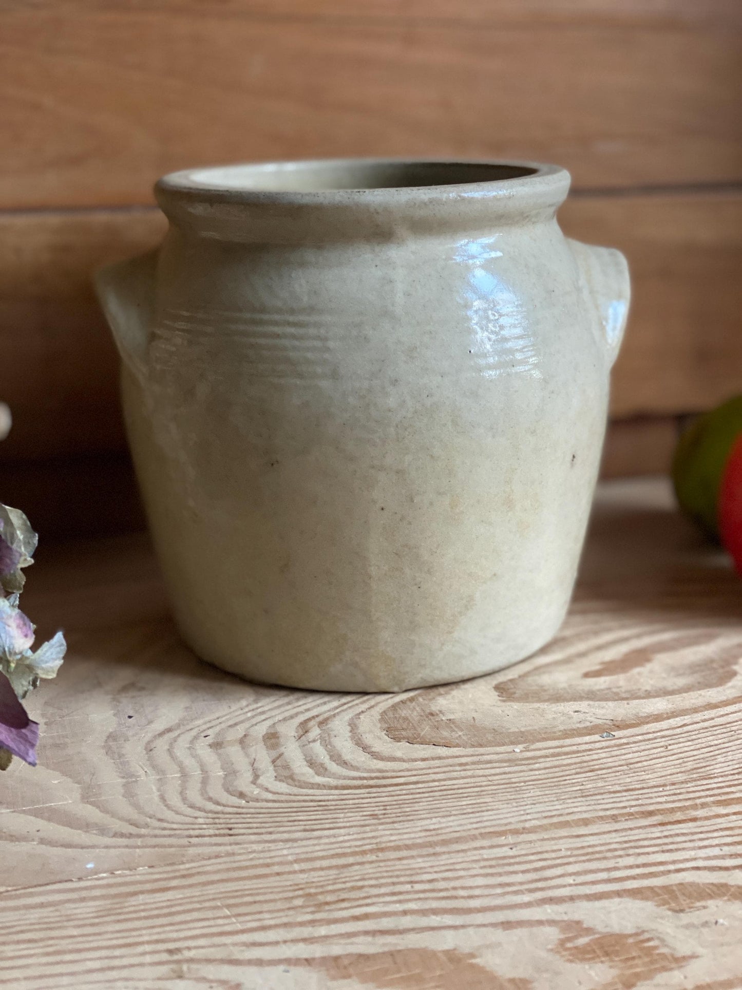 Small Antique French Confit Pot - Glazed attached-handled vintage stoneware, greige, early 1900s