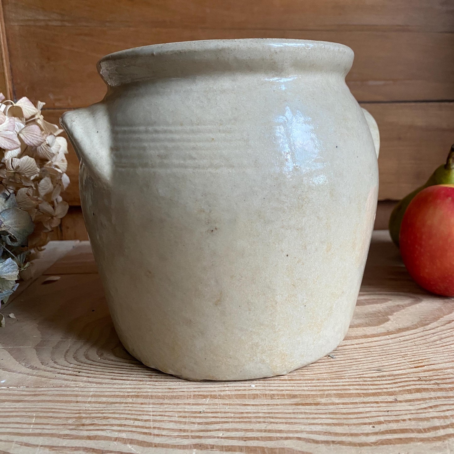 Small Antique French Confit Pot - Glazed attached-handled vintage stoneware, greige, early 1900s