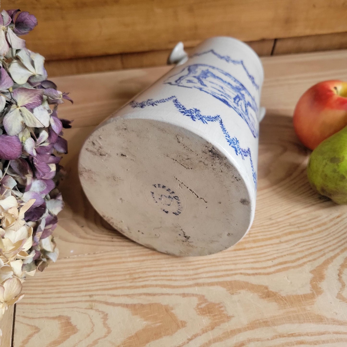 Antique St Uze Stoneware Milk Pail with Cow Motif and Blue Floral Decoration, France c.1900