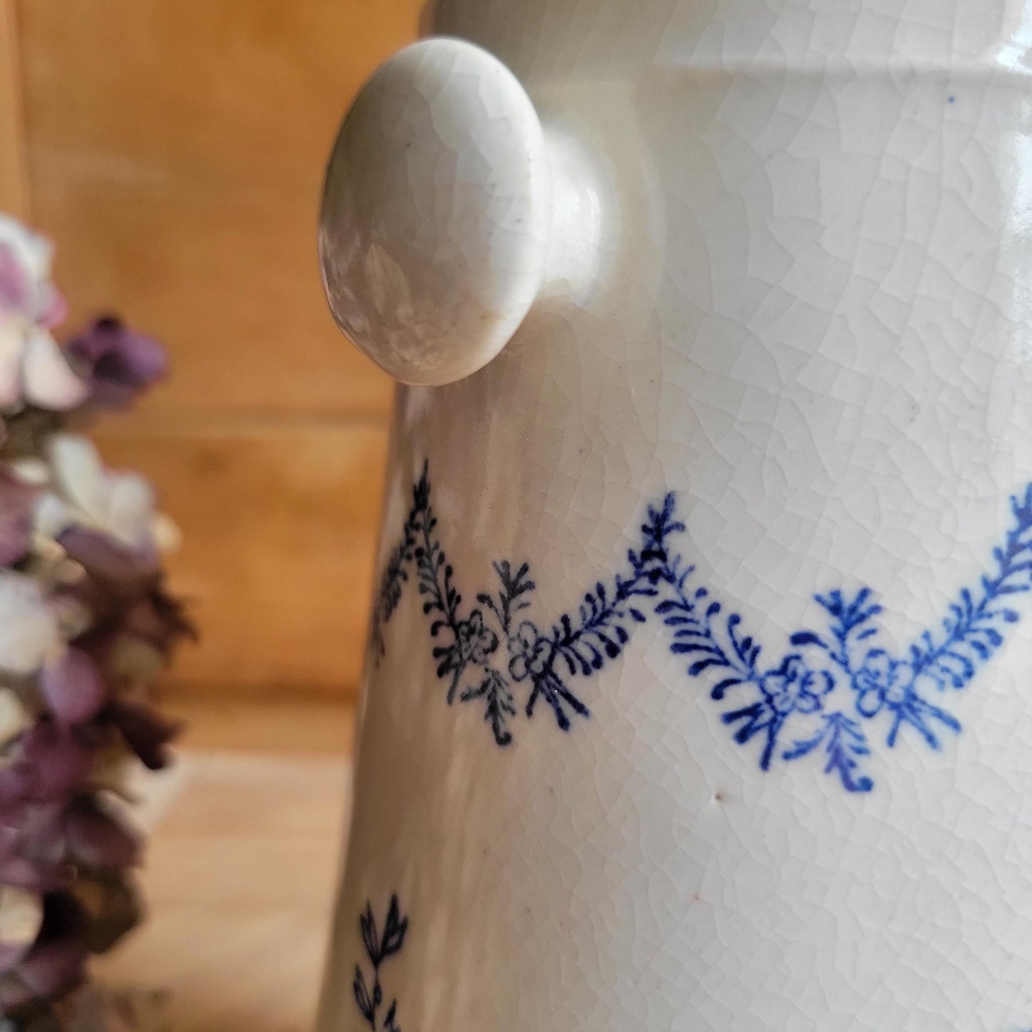 Antique St Uze Stoneware Milk Pail with Cow Motif and Blue Floral Decoration, France c.1900
