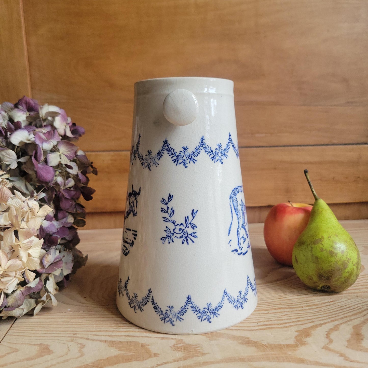 Antique St Uze Stoneware Milk Pail with Cow Motif and Blue Floral Decoration, France c.1900
