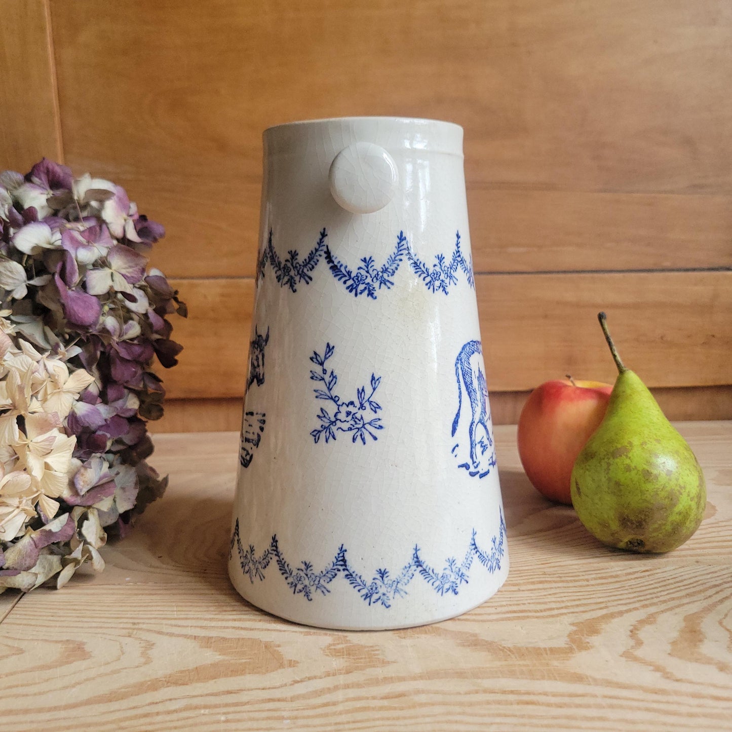 Antique St Uze Stoneware Milk Pail with Cow Motif and Blue Floral Decoration, France c.1900