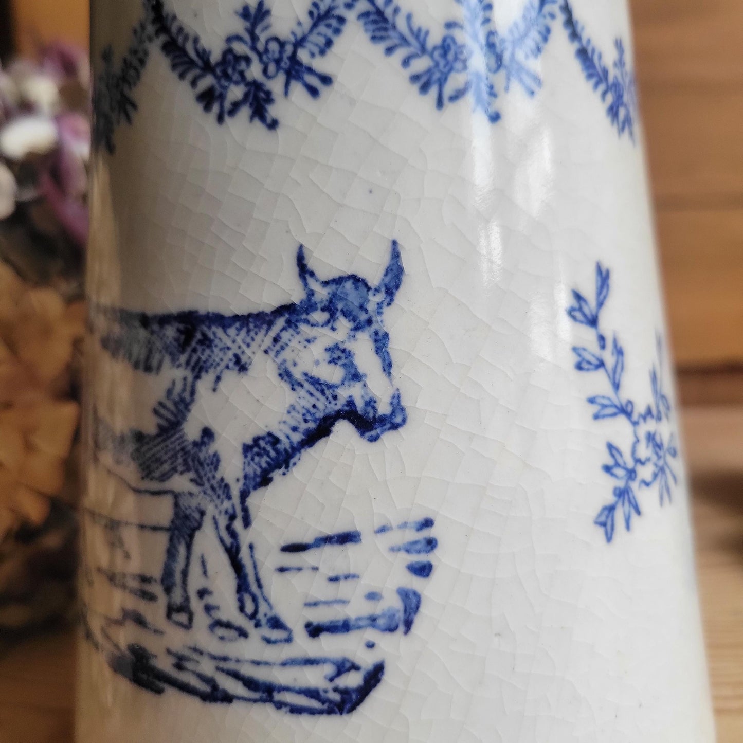 Antique St Uze Stoneware Milk Pail with Cow Motif and Blue Floral Decoration, France c.1900