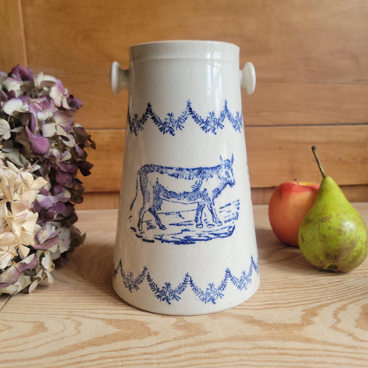 Antique St Uze Stoneware Milk Pail with Cow Motif and Blue Floral Decoration, France c.1900