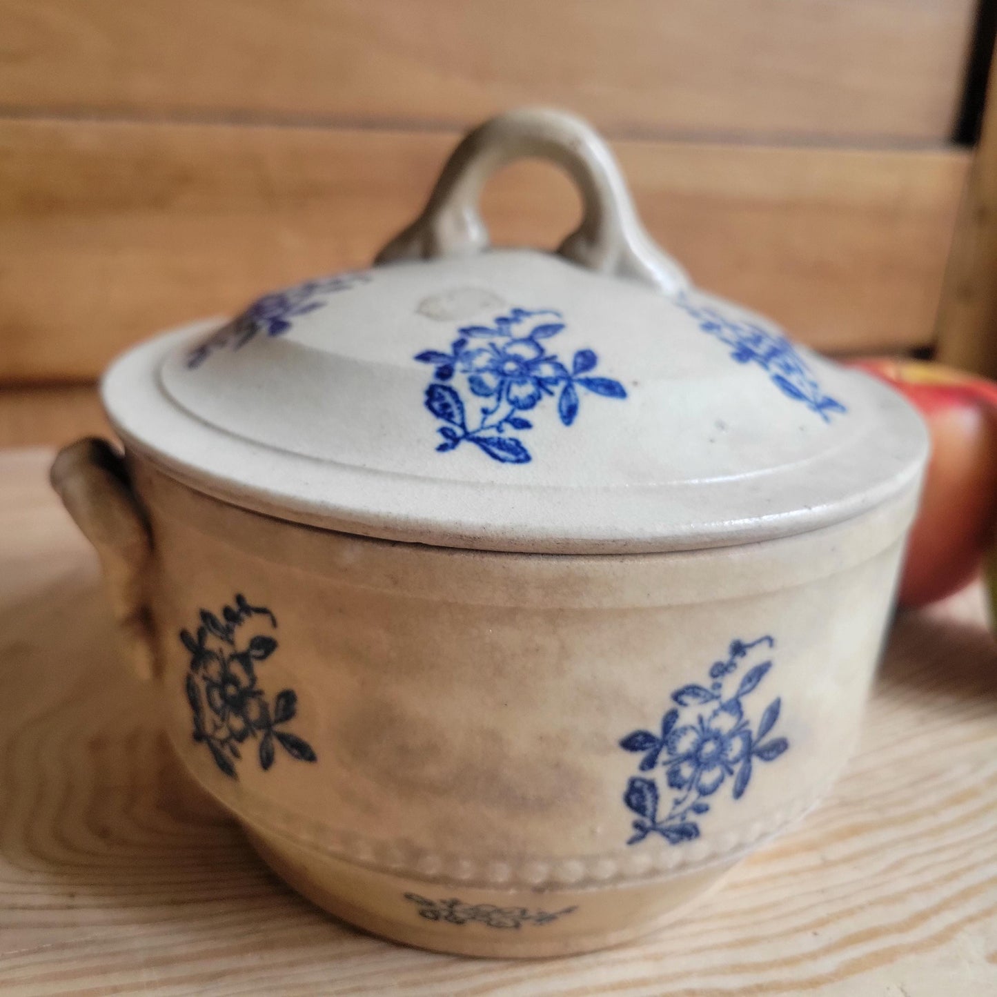 Small Antique St Uze Soupière with Lid, Blue Floral Decoration, rich patina France c.1900